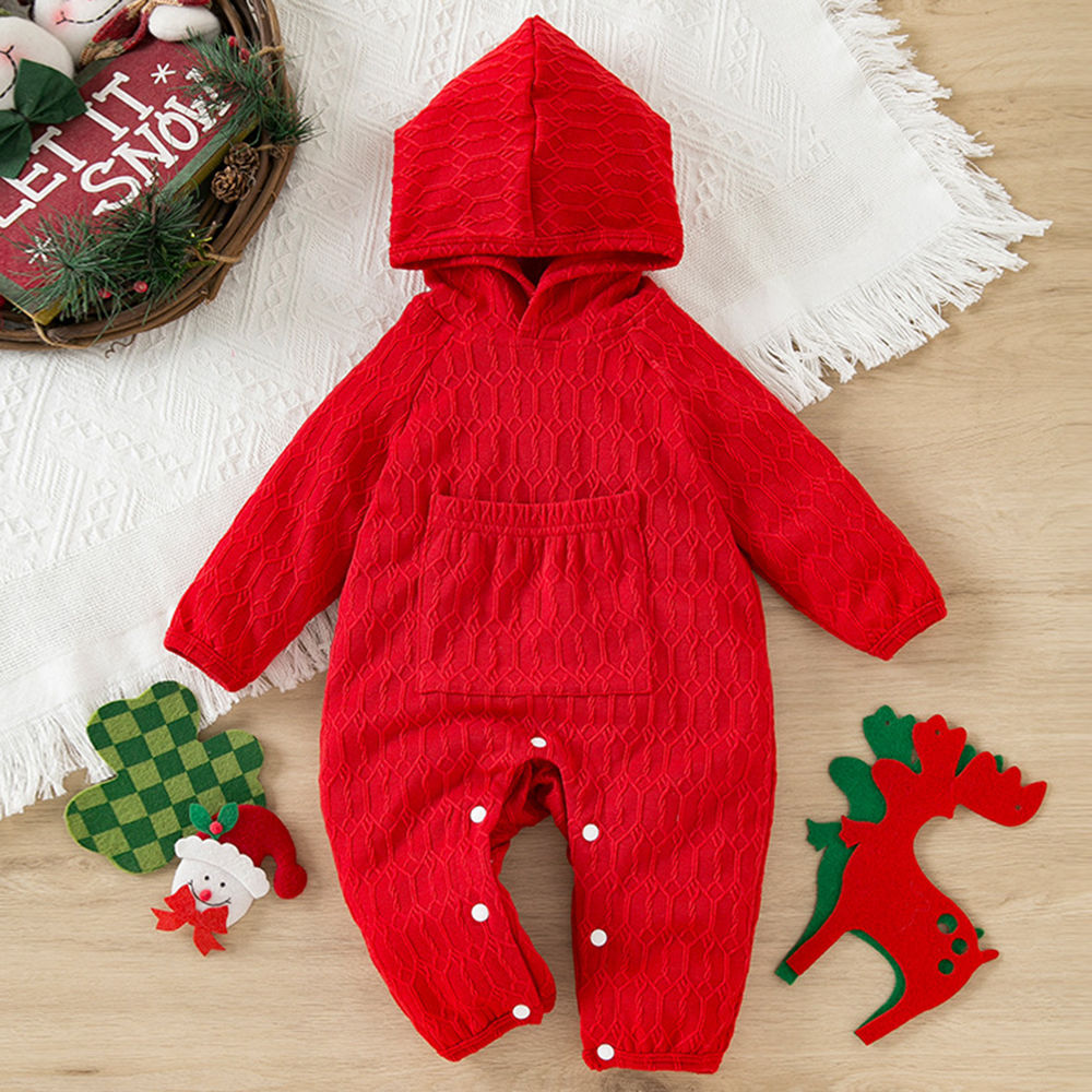 【3M-24M】Unisex Baby Cute Christmas Red Jacquard Small Pocket Hooded Jumpsuit 【3M-24M】Unisex Baby Cute Christmas Red Jacquard Small Pocket Hooded Jumpsuit
