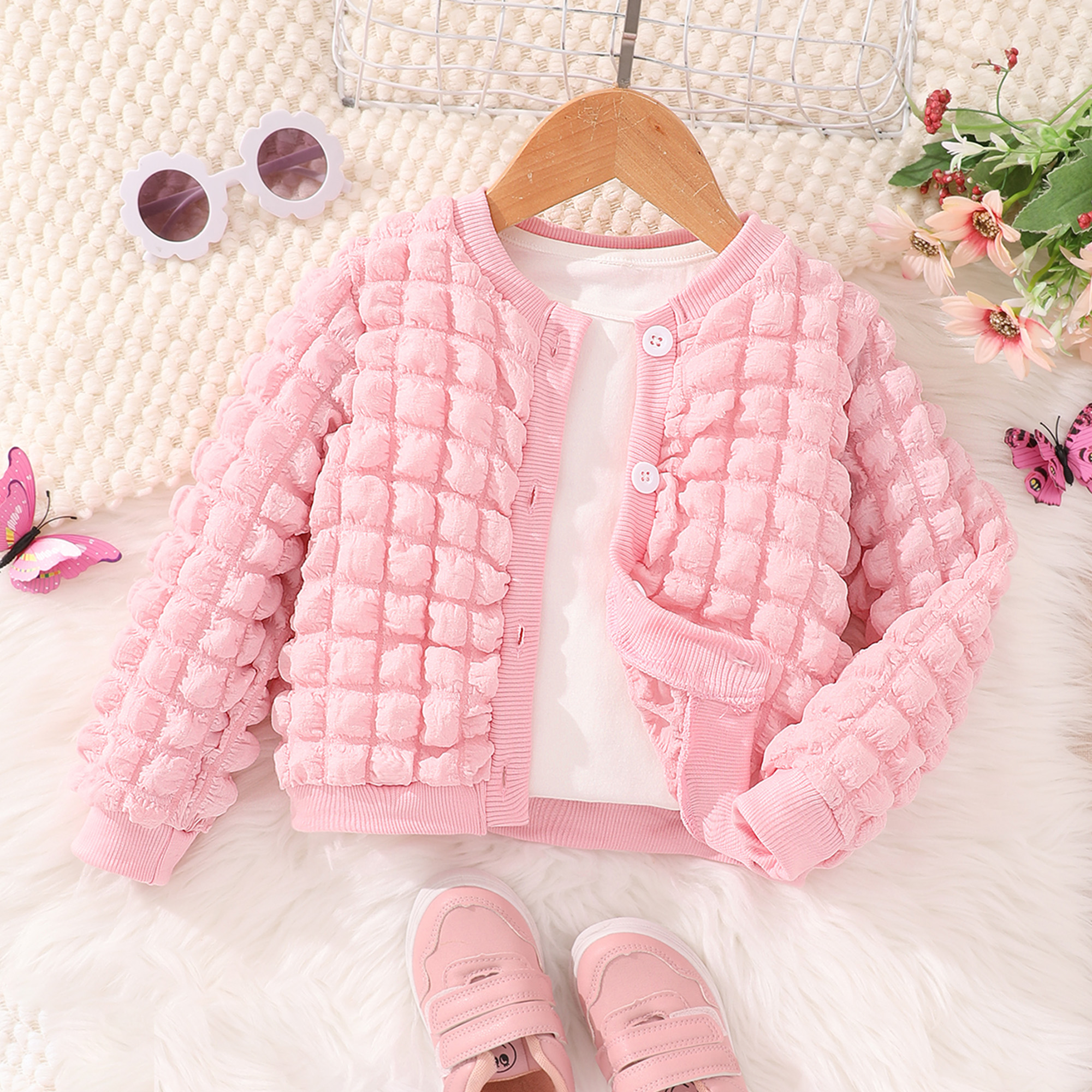 【2Y-7Y】Girl Sweet Solid Color Bubble Plaid Long Sleeve Coat 【2Y-7Y】Girl Sweet Solid Color Bubble Plaid Long Sleeve Coat