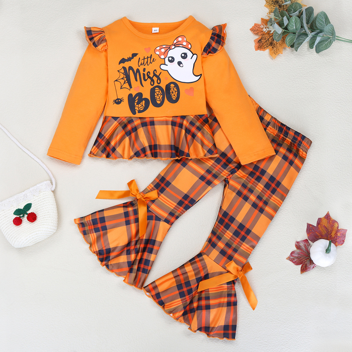【12M-5Y】Girls Cute Halloween Print Long Sleeve T-shirt And Plaid Flare Pants Set - 34261 【12M-5Y】Girls Cute Halloween Print Long Sleeve T-shirt And Plaid Flare Pants Set - 34261
