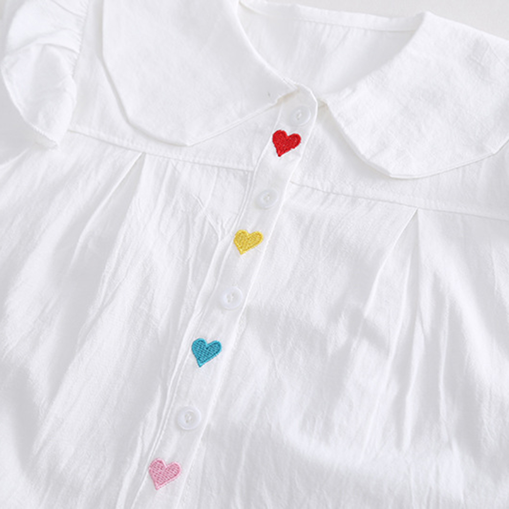 【12M-5Y】2-piece Girl White Heart-shaped Embroidered Doll Collar Long Sleeve Shirt And Colorblock Jeans Set - 34409 【12M-5Y】2-piece Girl White Heart-shaped Embroidered Doll Collar Long Sleeve Shirt And Colorblock Jeans Set - 34409