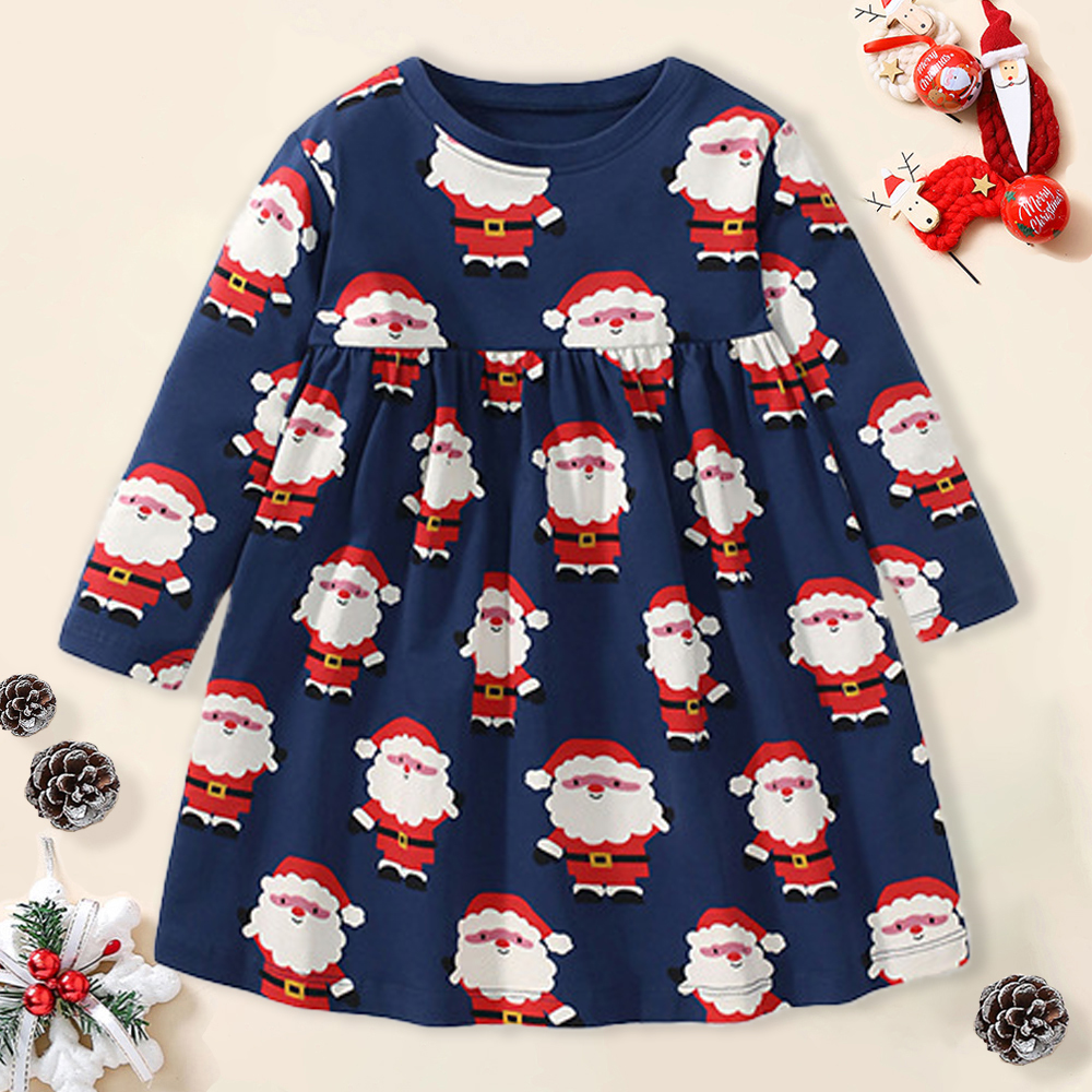 【18M-7Y】Girl Cute Christmas Santa Claus Print Long Sleeve Dress 【18M-7Y】Girl Cute Christmas Santa Claus Print Long Sleeve Dress