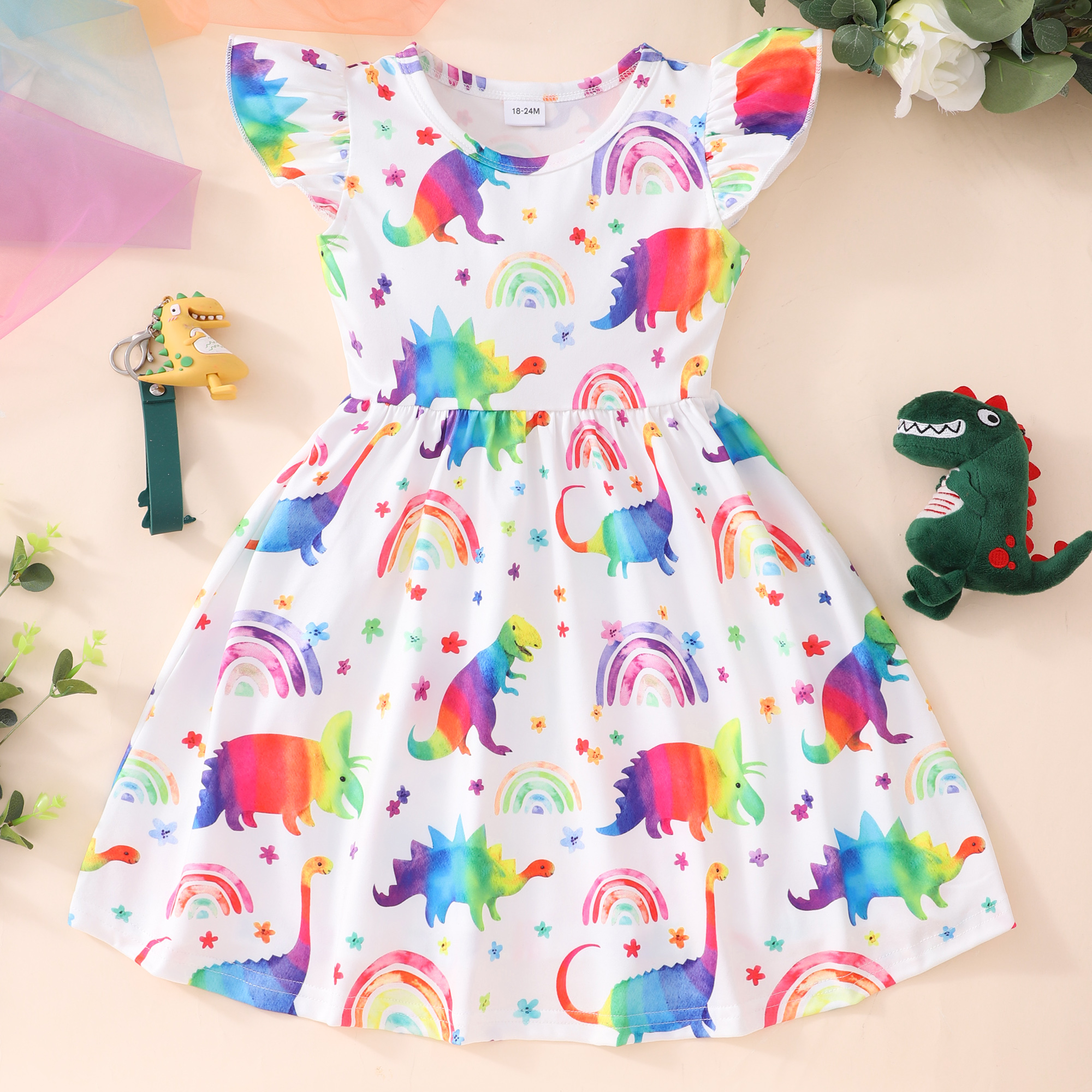 【18M-8Y】Girl Summer Cute Royal Blue Colorful Dinosaur Ruffle Dress 【18M-8Y】Girl Summer Cute Royal Blue Colorful Dinosaur Ruffle Dress