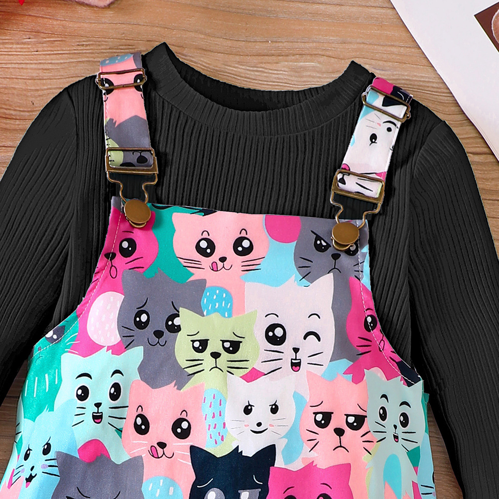 【18M-6Y】2-piece Girl Cute White Long Sleeve T-shirt And Colorful Cartoon Cat Print Suspender Dress Set - 34436 【18M-6Y】2-piece Girl Cute White Long Sleeve T-shirt And Colorful Cartoon Cat Print Suspender Dress Set - 34436
