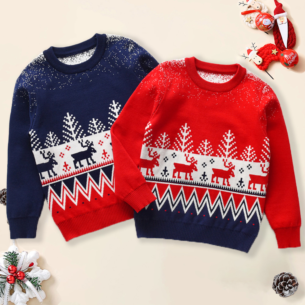【2Y-8Y】Boy Christmas Elk Christmas Tree Jacquard Colorblock Round Neck Sweater 【2Y-8Y】Boy Christmas Elk Christmas Tree Jacquard Colorblock Round Neck Sweater