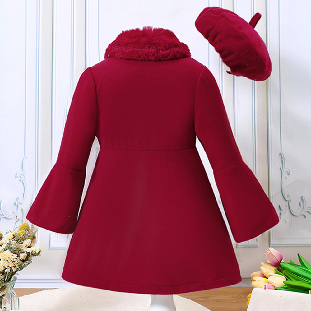 【18M-6Y】2-piece Girl Elegant Christmas And New Year Red Tweed Keep Warm Plush Stitching Collar Bell Sleeve Coat With Hat - 31117 【18M-6Y】2-piece Girl Elegant Christmas And New Year Red Tweed Keep Warm Plush Stitching Collar Bell Sleeve Coat With Hat - 31117