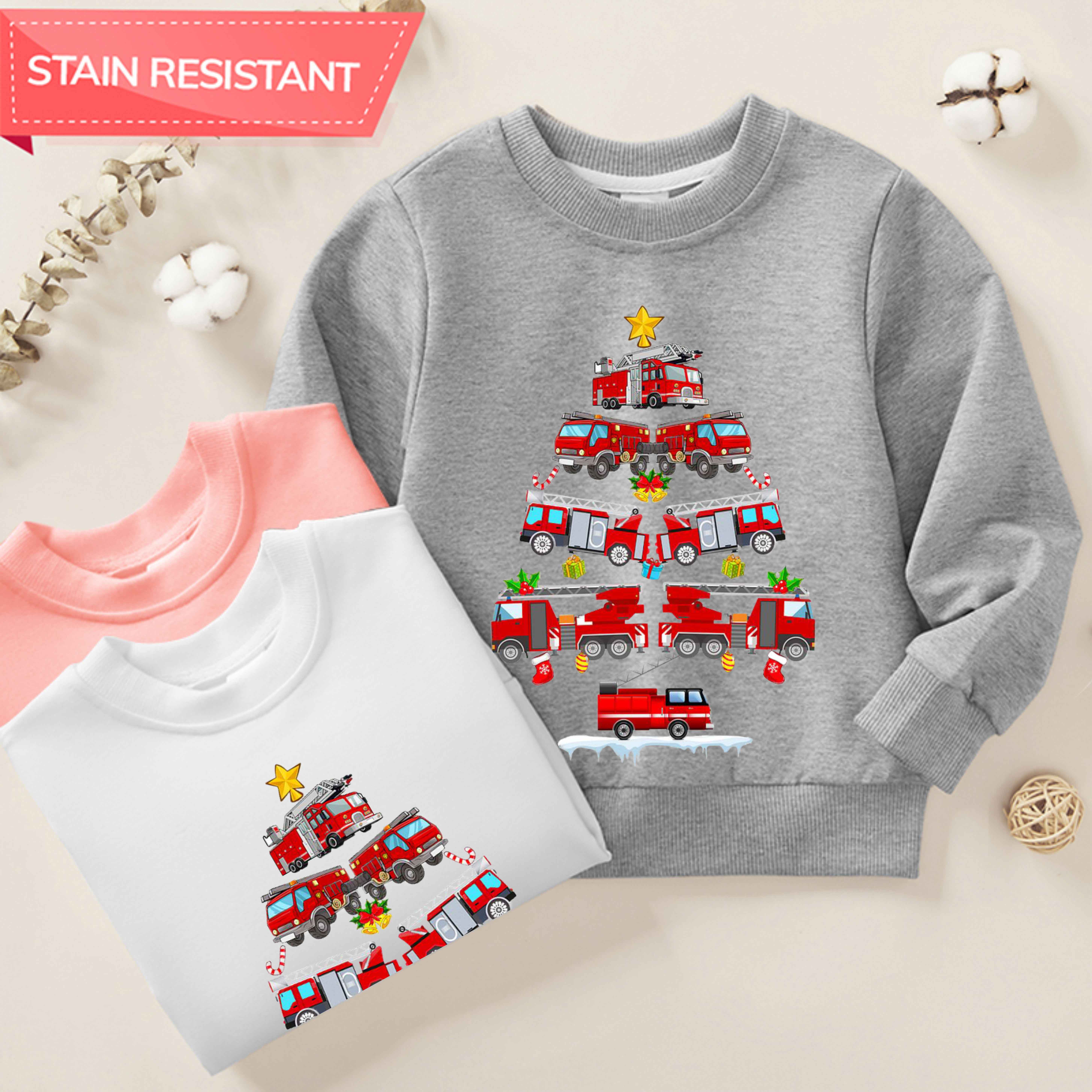 【12M-9Y】Unisex Cotton Stain Resistant Fire Truck Christmas Tree Print Long Sleeve Sweatshirt 【12M-9Y】Unisex Cotton Stain Resistant Fire Truck Christmas Tree Print Long Sleeve Sweatshirt