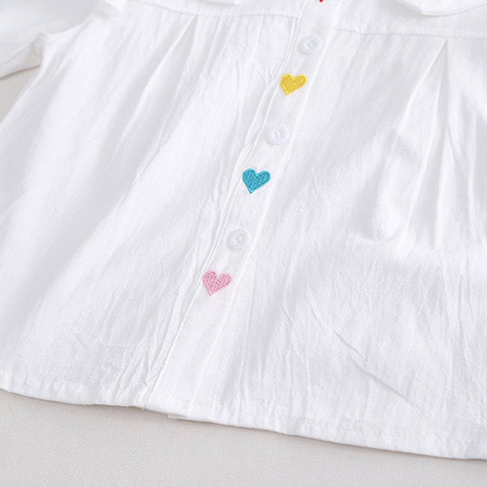 【12M-5Y】2-piece Girl White Heart-shaped Embroidered Doll Collar Long Sleeve Shirt And Colorblock Jeans Set - 34409 【12M-5Y】2-piece Girl White Heart-shaped Embroidered Doll Collar Long Sleeve Shirt And Colorblock Jeans Set - 34409