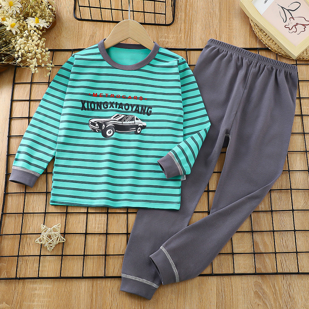 【18M-8Y】2-piece Boy Cotton Cartoon Stripe Car Colorful Dinosaur Print Long Sleeve T-shirt And Pants Set 【18M-8Y】2-piece Boy Cotton Cartoon Stripe Car Colorful Dinosaur Print Long Sleeve T-shirt And Pants Set