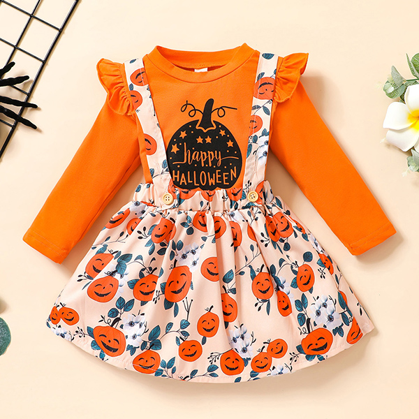 【12M-5Y】Girls Cute Halloween Print Long Sleeve T-shirt And Suspender Skirt Set 【12M-5Y】Girls Cute Halloween Print Long Sleeve T-shirt And Suspender Skirt Set