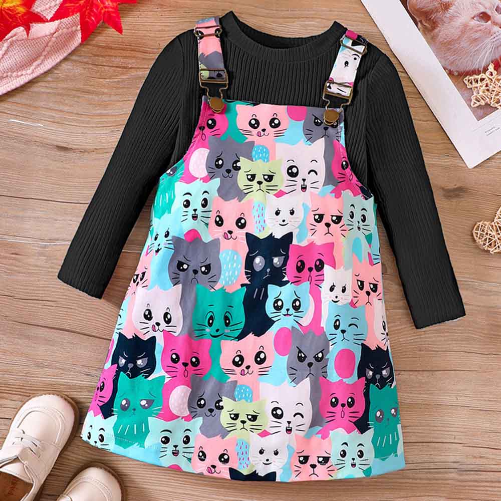 【18M-6Y】2-piece Girl Cute White Long Sleeve T-shirt And Colorful Cartoon Cat Print Suspender Dress Set - 34436 【18M-6Y】2-piece Girl Cute White Long Sleeve T-shirt And Colorful Cartoon Cat Print Suspender Dress Set - 34436