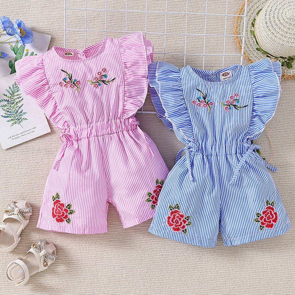 【6M-5Y】Girl Cute Striped Floral Embroidery Ruffle Sleeveless Jumpsuit - 3906 【6M-5Y】Girl Cute Striped Floral Embroidery Ruffle Sleeveless Jumpsuit - 3906