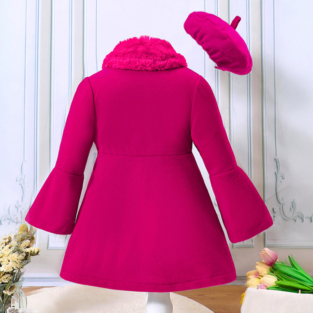 【18M-6Y】2-piece Girl Elegant Christmas And New Year Red Tweed Keep Warm Plush Stitching Collar Bell Sleeve Coat With Hat - 31117 【18M-6Y】2-piece Girl Elegant Christmas And New Year Red Tweed Keep Warm Plush Stitching Collar Bell Sleeve Coat With Hat - 31117