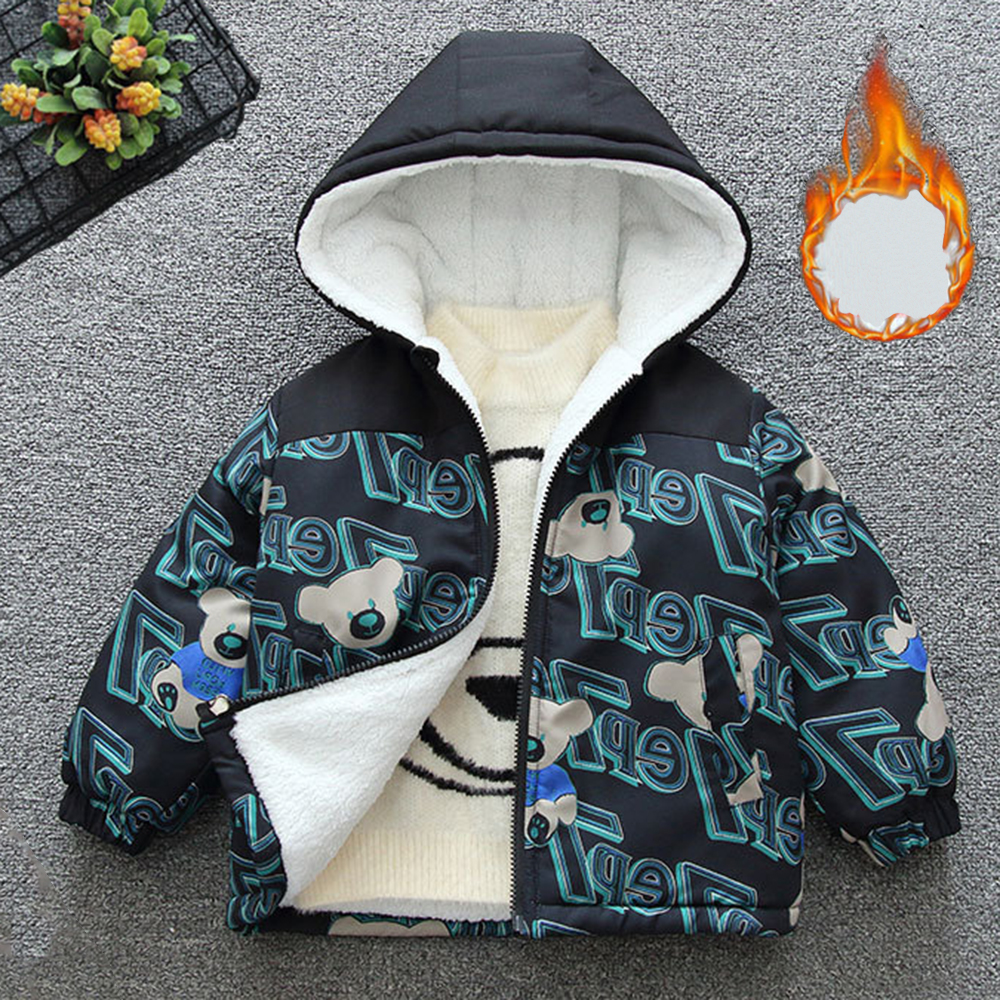 【18M-8Y】Boy Casual Velvet Keep Warm Letter Bear Print Colorblock Hooded Jacket 【18M-8Y】Boy Casual Velvet Keep Warm Letter Bear Print Colorblock Hooded Jacket