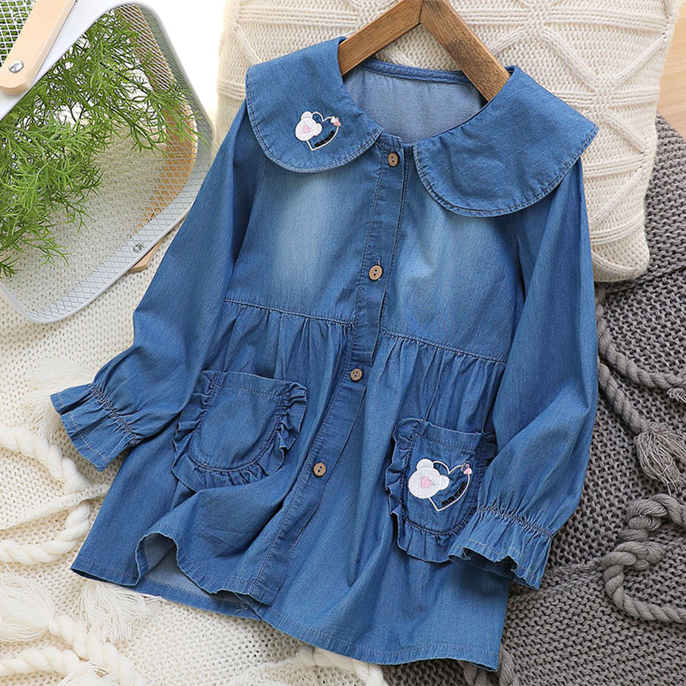 【2Y-8Y】2-piece Girl Sweet Washed Denim Ruffle Cartoon Embroidery Long Sleeve Dress 【2Y-8Y】2-piece Girl Sweet Washed Denim Ruffle Cartoon Embroidery Long Sleeve Dress