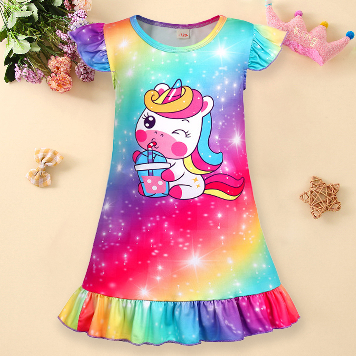 【3Y-10Y】Girls Cute Rainbow Unicorn Dinosaur Cartoon Print Ruffle Sleeveless Dress 【3Y-10Y】Girls Cute Rainbow Unicorn Dinosaur Cartoon Print Ruffle Sleeveless Dress
