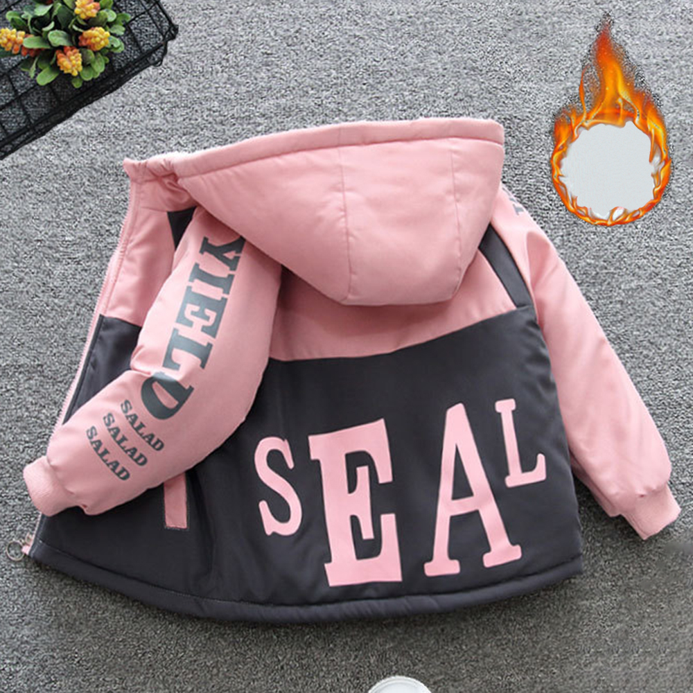 【18M-8Y】Girl Casual Velvet Keep Warm Letter Print Colorblock Hooded Jacket 【18M-8Y】Girl Casual Velvet Keep Warm Letter Print Colorblock Hooded Jacket