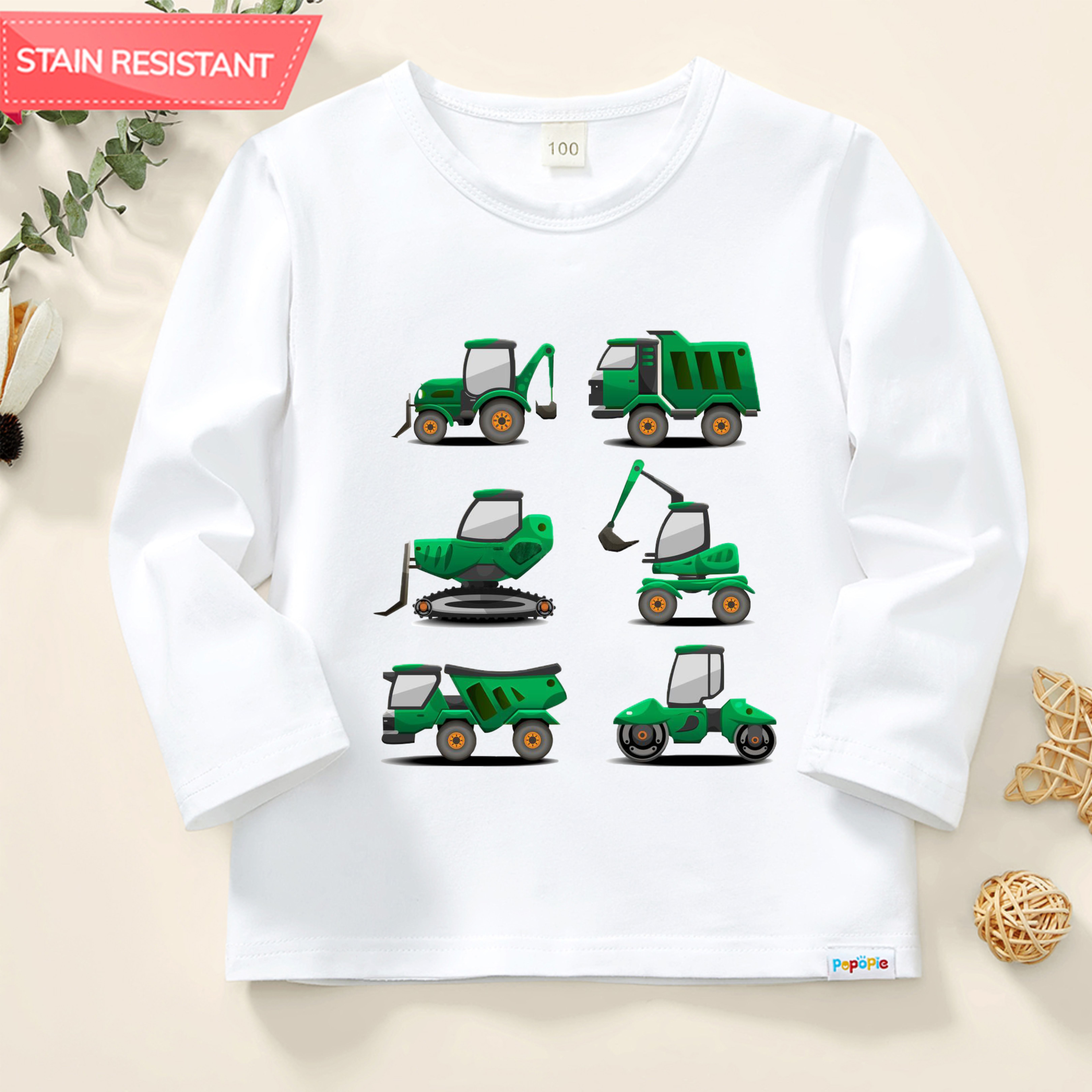 【12M-9Y】Boy Excavator Bulldozer Print Cotton Stain Resistant Long Sleeve T-shirt 【12M-9Y】Boy Excavator Bulldozer Print Cotton Stain Resistant Long Sleeve T-shirt