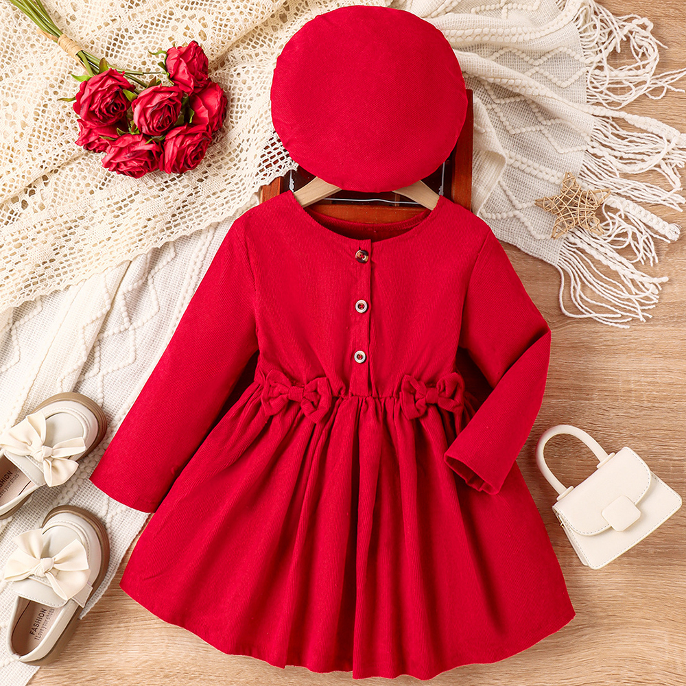 【3Y-7Y】2-piece Girl Elegant Red Corduroy Bowknot Long Sleeve Dress With Hat 【3Y-7Y】2-piece Girl Elegant Red Corduroy Bowknot Long Sleeve Dress With Hat