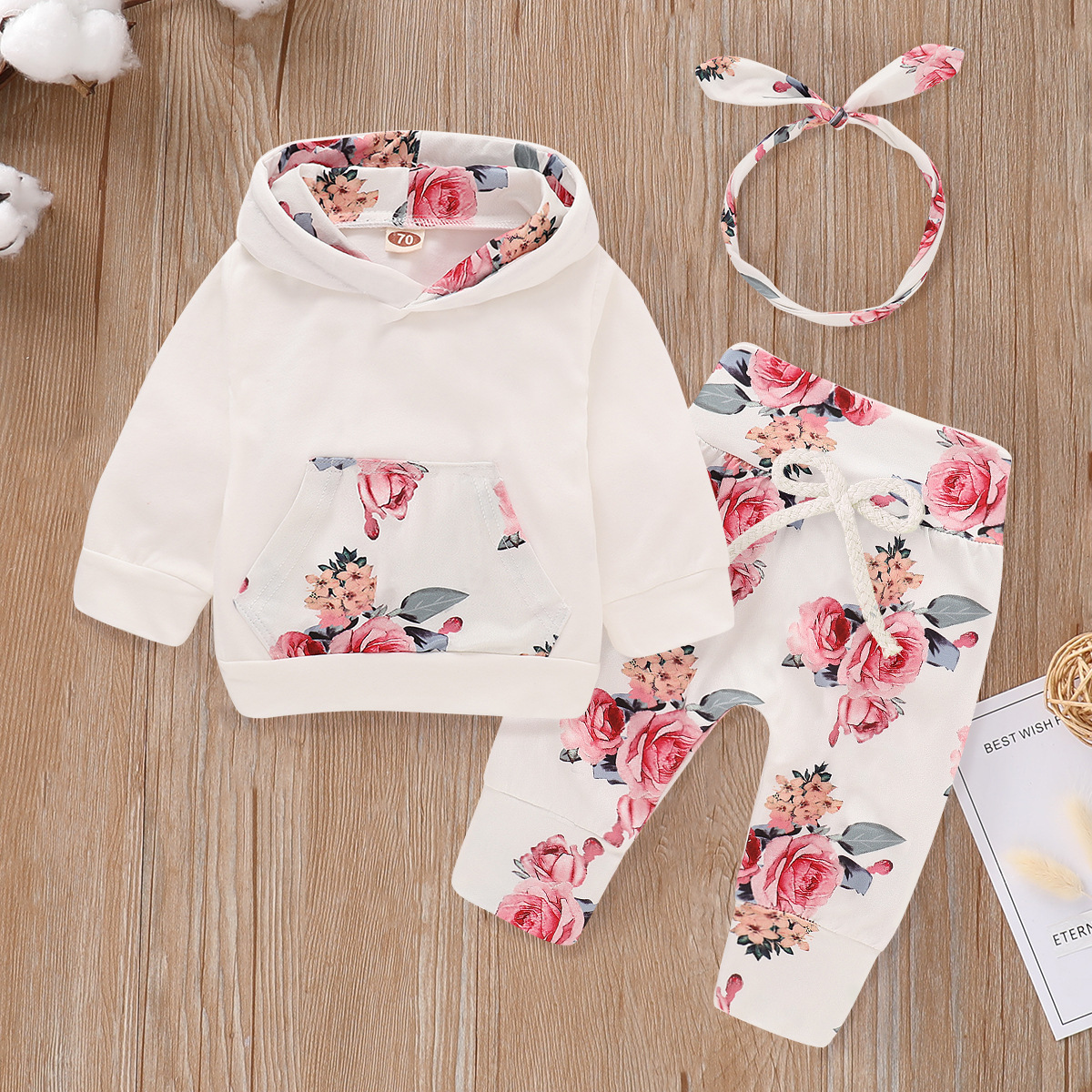 【9M-7Y】Girl 3-piece Floral Hooded Sweatshirt And Pants Set With Headband - 34166 【9M-7Y】Girl 3-piece Floral Hooded Sweatshirt And Pants Set With Headband - 34166