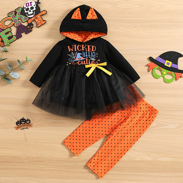 【12M-5Y】Girl Halloween Print Tulle Splicing Hooded Sweatshirt And Pants Set 【12M-5Y】Girl Halloween Print Tulle Splicing Hooded Sweatshirt And Pants Set