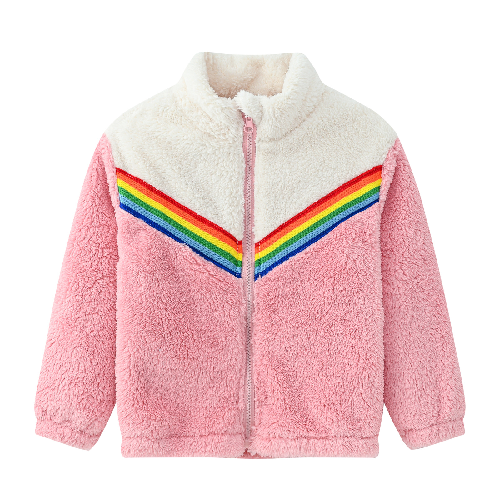 【18M-6Y】Girl Casual Fleeced Keep Warm Colorblock Rainbow Webbing High Neck Coat 【18M-6Y】Girl Casual Fleeced Keep Warm Colorblock Rainbow Webbing High Neck Coat