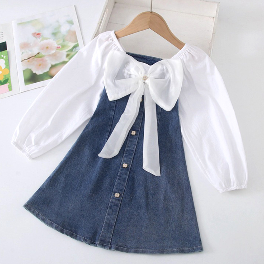 【18M-8Y】Girl Sweet Fake Two-Piece Colorblock Bowknot Long Sleeve Dress - 33354 【18M-8Y】Girl Sweet Fake Two-Piece Colorblock Bowknot Long Sleeve Dress - 33354