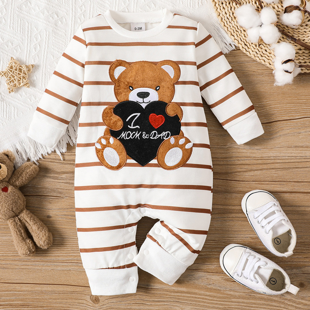 【0M-18M】Unisex Baby Casual Cotton Stripe Bear Embroidery Long Sleeve Romper 【0M-18M】Unisex Baby Casual Cotton Stripe Bear Embroidery Long Sleeve Romper