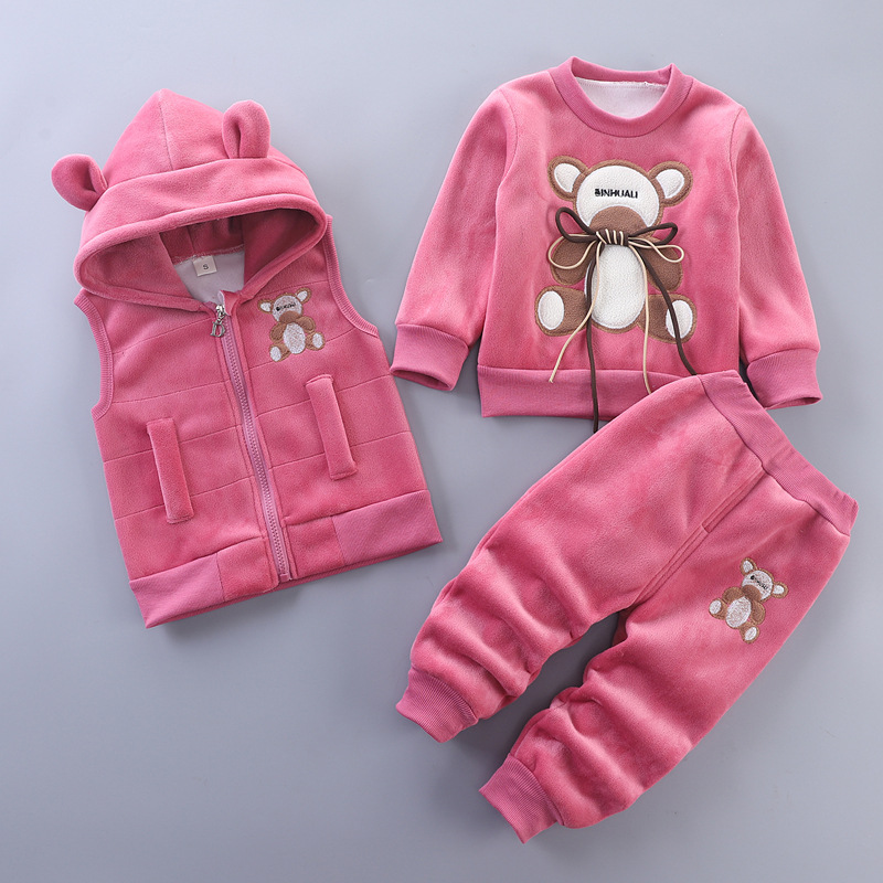 【12M-4Y】3-piece Unisex Cute Warm Monkey Embroidered Bowknot Round Neck Sweatshirt Hooded Vest Coat And Pants Set - 4450 【12M-4Y】3-piece Unisex Cute Warm Monkey Embroidered Bowknot Round Neck Sweatshirt Hooded Vest Coat And Pants Set - 4450