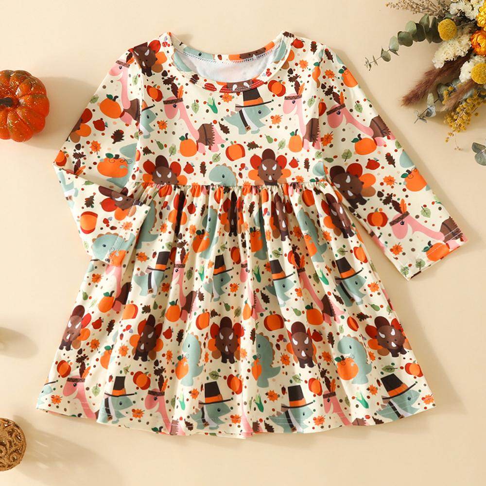 【9M-4Y】Girl Cute Thanksgiving Cartoon Pumpkin Print Long Sleeve Dress 【9M-4Y】Girl Cute Thanksgiving Cartoon Pumpkin Print Long Sleeve Dress