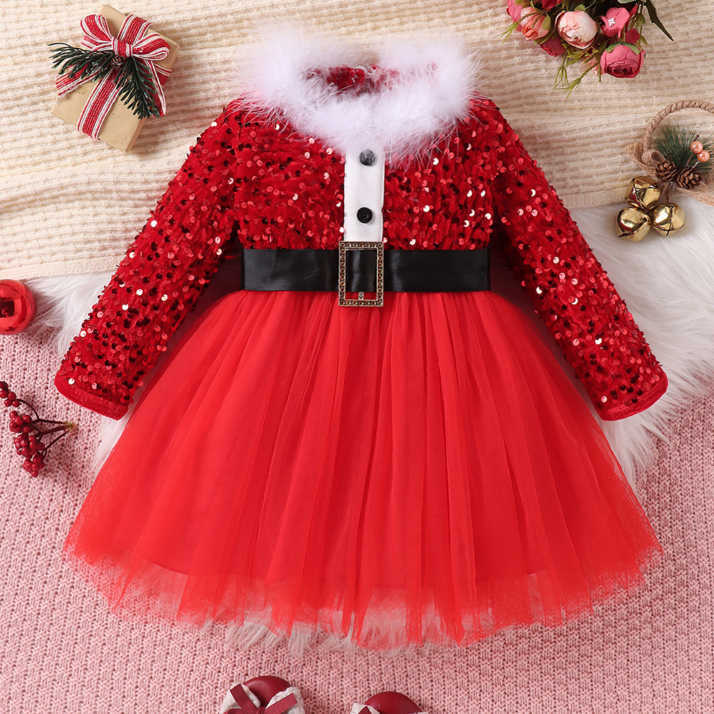 【12M-5Y】Girl Christmas Fur Collar Red Sequins Stitching Layered Tulle Colorblock Long-sleeved Princess Dress 【12M-5Y】Girl Christmas Fur Collar Red Sequins Stitching Layered Tulle Colorblock Long-sleeved Princess Dress