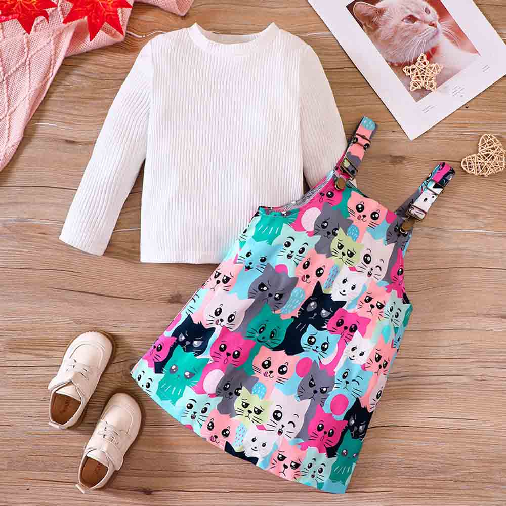 【18M-6Y】2-piece Girl Cute White Long Sleeve T-shirt And Colorful Cartoon Cat Print Suspender Dress Set - 34436 【18M-6Y】2-piece Girl Cute White Long Sleeve T-shirt And Colorful Cartoon Cat Print Suspender Dress Set - 34436