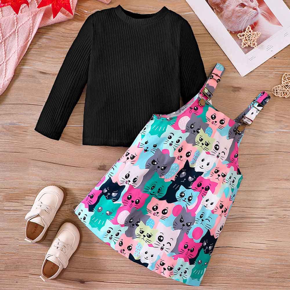 【18M-6Y】2-piece Girl Cute White Long Sleeve T-shirt And Colorful Cartoon Cat Print Suspender Dress Set - 34436 【18M-6Y】2-piece Girl Cute White Long Sleeve T-shirt And Colorful Cartoon Cat Print Suspender Dress Set - 34436