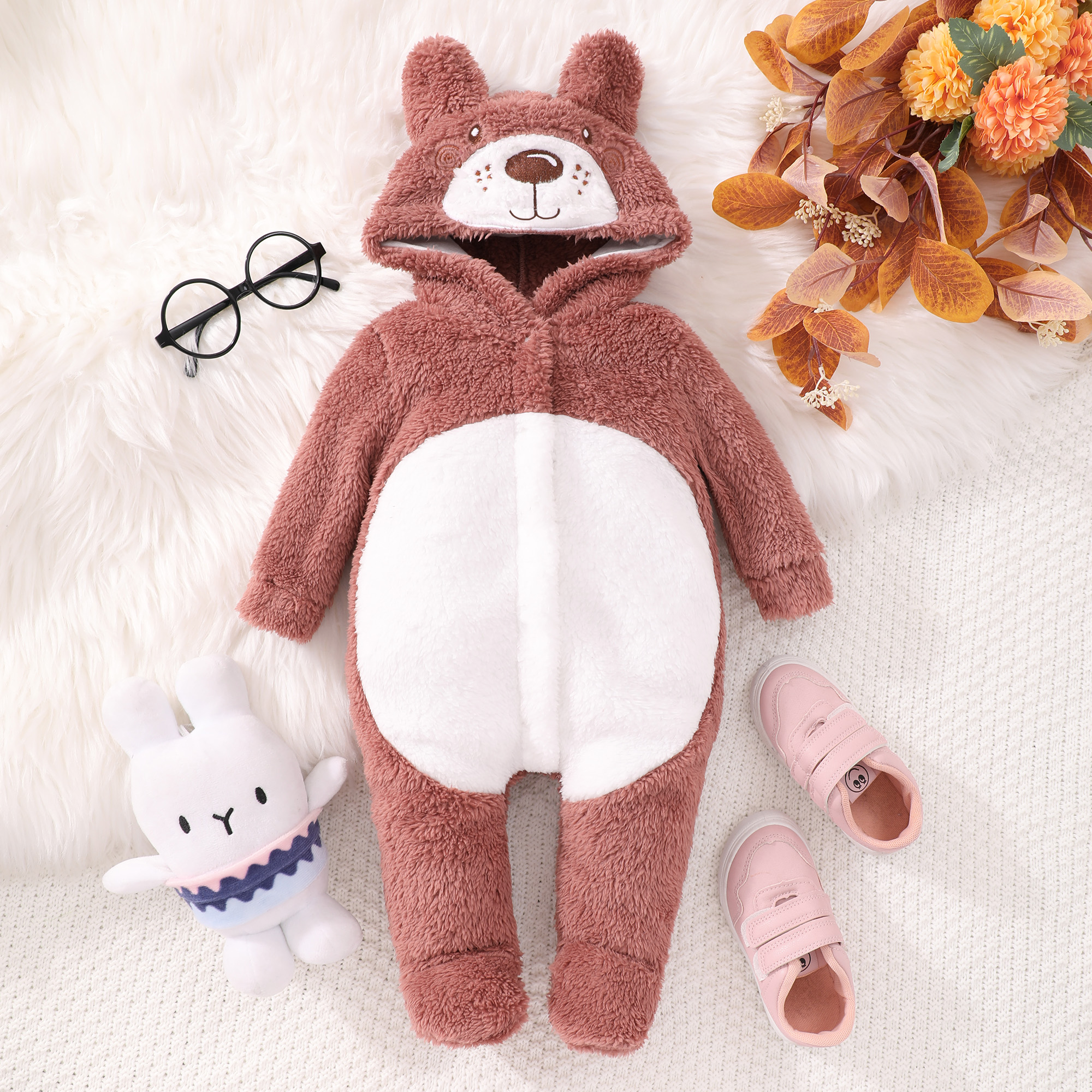 【0M-18M】Unisex Baby Cute Velvet Keep Warm Bear Colorblock Hooded Jumpsuit 【0M-18M】Unisex Baby Cute Velvet Keep Warm Bear Colorblock Hooded Jumpsuit