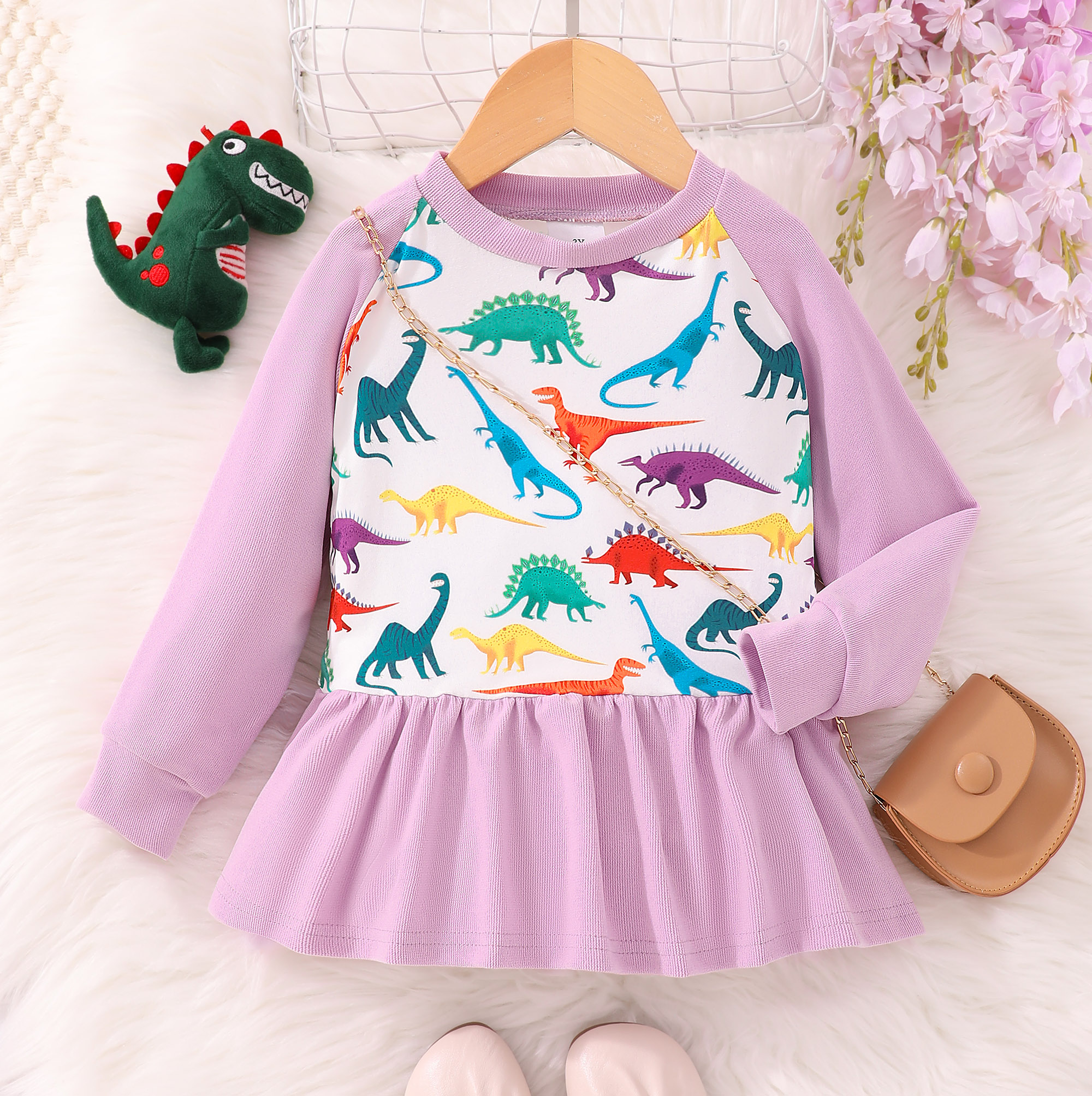 【2Y-7Y】Girl Cute Colorful Dinosaur Butterfly Print Colorblock Sleeve Ruffle Dress 【2Y-7Y】Girl Cute Colorful Dinosaur Butterfly Print Colorblock Sleeve Ruffle Dress