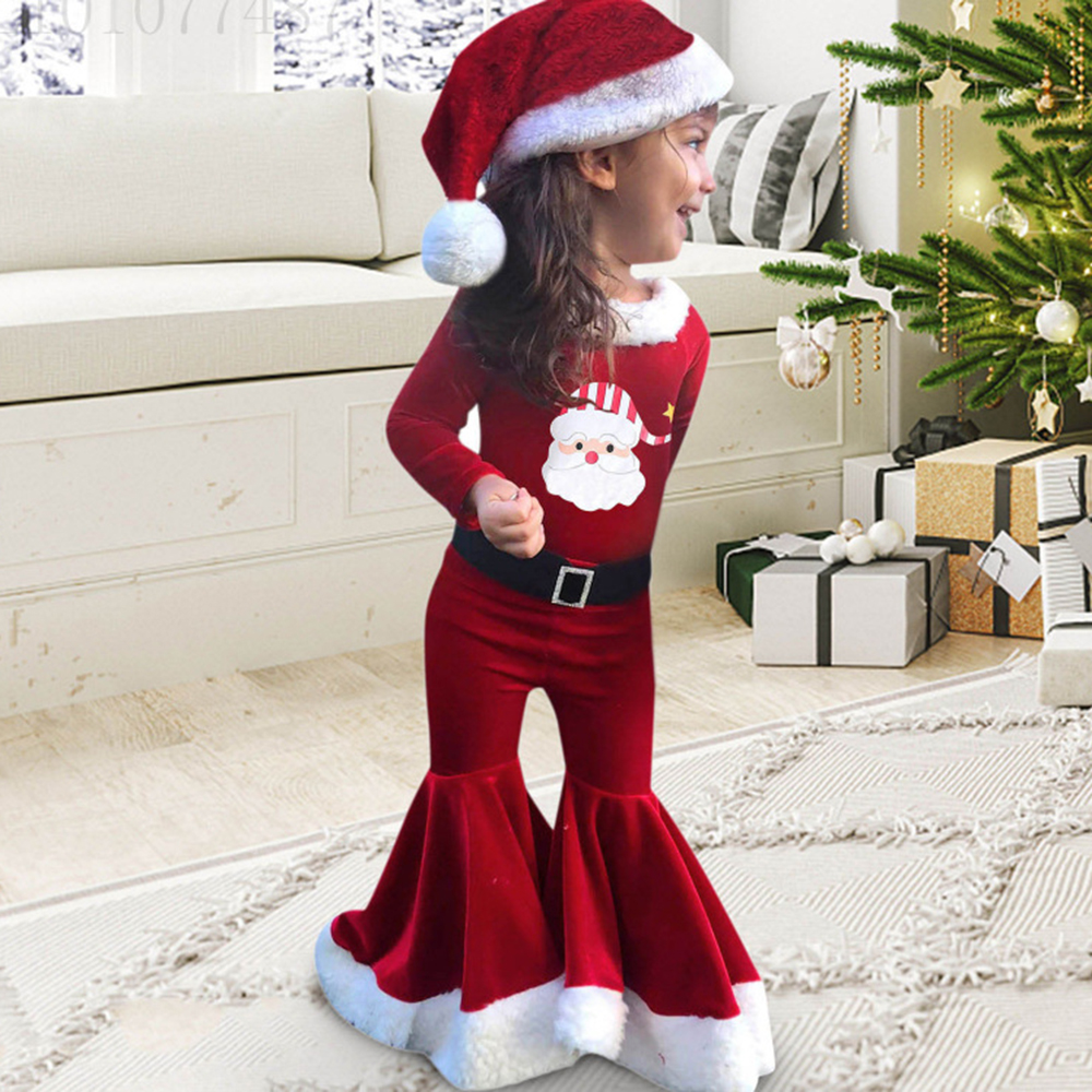 【12M-7Y】3-piece Girls Sweet Red Velvet Christmas Print Plush Top And Flare Pants Set - 34252 【12M-7Y】3-piece Girls Sweet Red Velvet Christmas Print Plush Top And Flare Pants Set - 34252