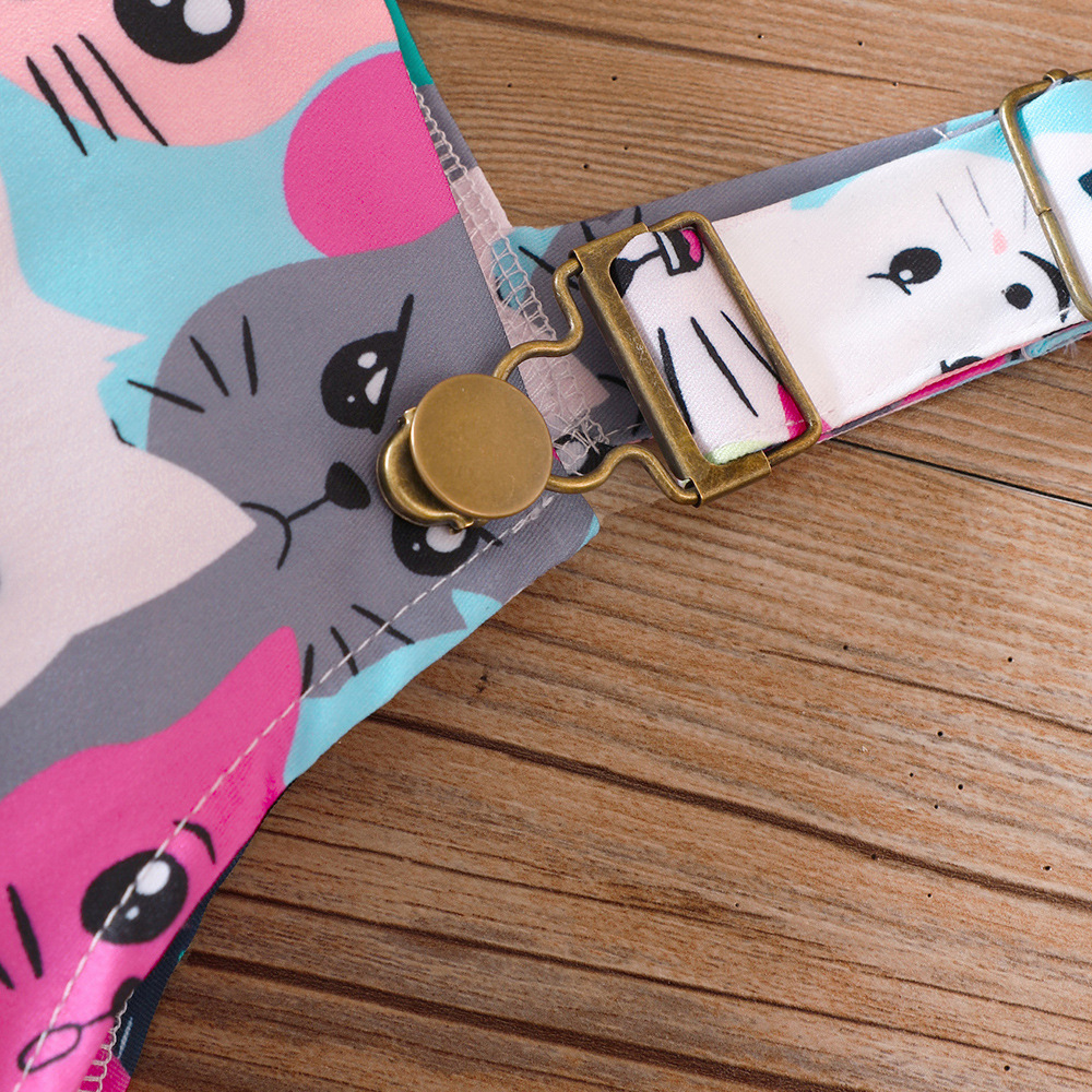 【18M-6Y】2-piece Girl Cute White Long Sleeve T-shirt And Colorful Cartoon Cat Print Suspender Dress Set - 34436 【18M-6Y】2-piece Girl Cute White Long Sleeve T-shirt And Colorful Cartoon Cat Print Suspender Dress Set - 34436