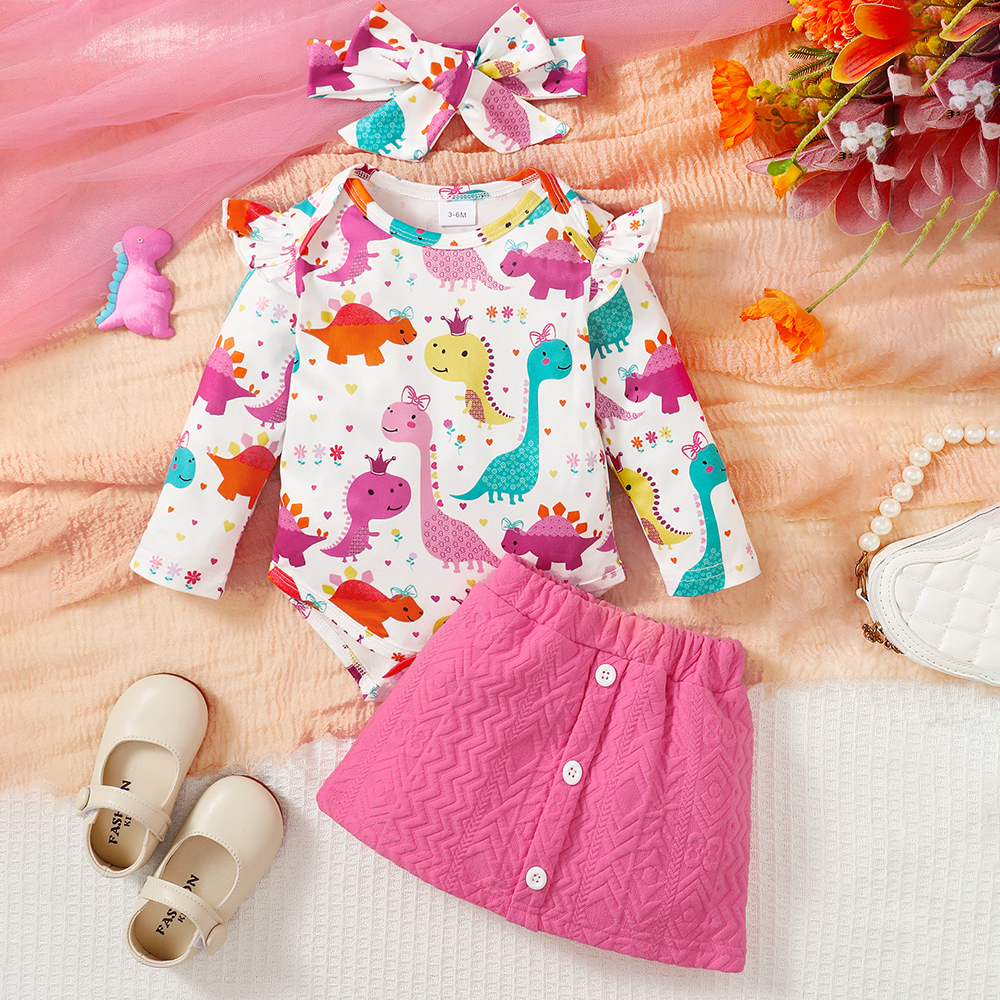 【3M-24M】3-piece Baby Girl Cute Colorful Dinosaur Long Sleeve Romper And Rose Red Skirt Set 【3M-24M】3-piece Baby Girl Cute Colorful Dinosaur Long Sleeve Romper And Rose Red Skirt Set