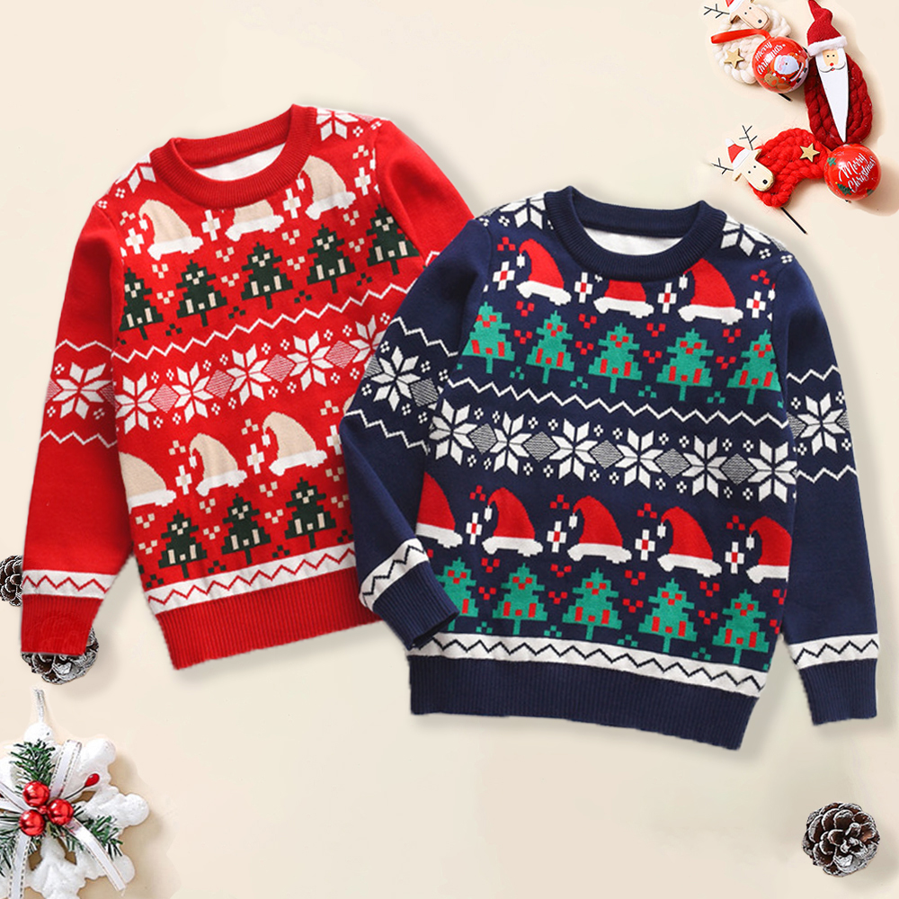 【2Y-8Y】Boy Keep Warm Christmas Tree Santa Hat Snowflakes Jacquard Colorblock Round Neck Sweater 【2Y-8Y】Boy Keep Warm Christmas Tree Santa Hat Snowflakes Jacquard Colorblock Round Neck Sweater