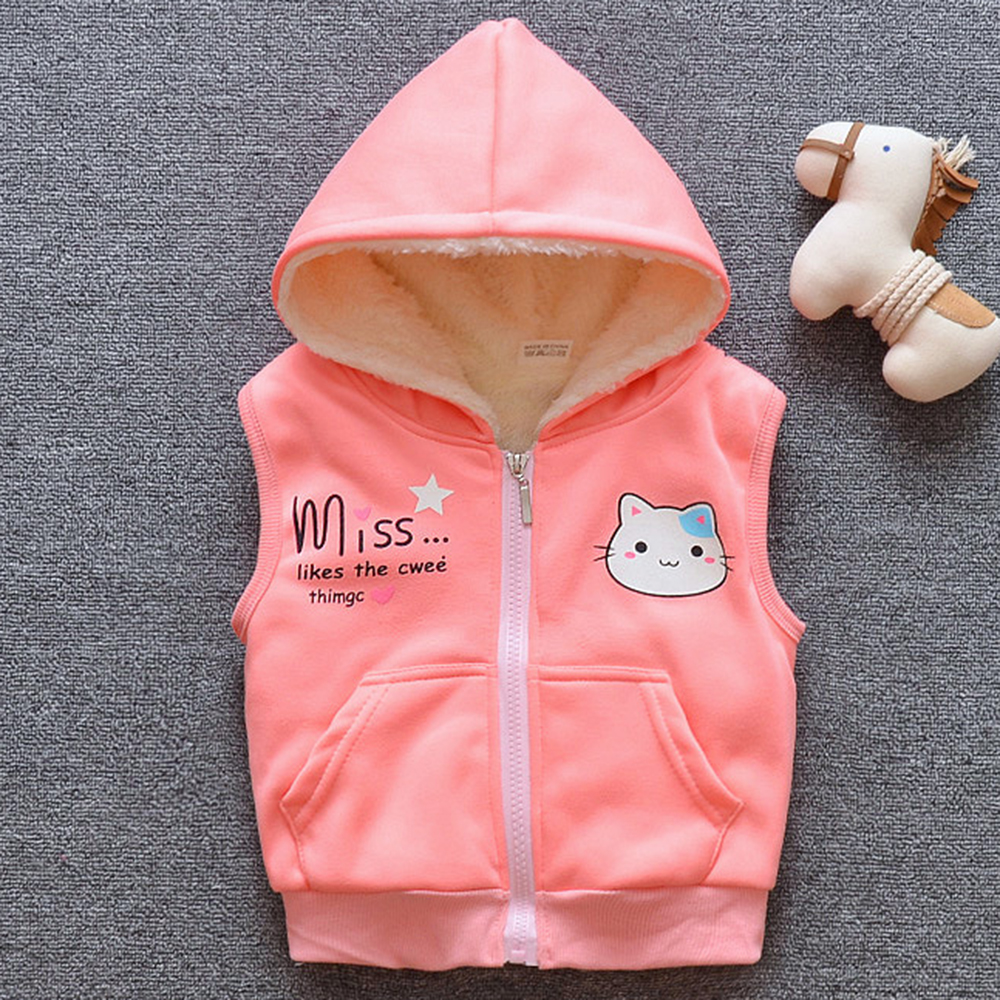 【12M-4Y】Girl Cute Velvet Keep Warm Cat Print Hooded Vest Coat 【12M-4Y】Girl Cute Velvet Keep Warm Cat Print Hooded Vest Coat
