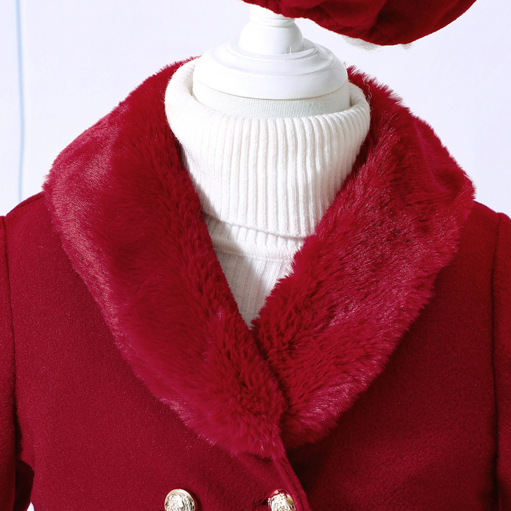 【18M-6Y】2-piece Girl Elegant Christmas And New Year Red Tweed Keep Warm Plush Stitching Collar Bell Sleeve Coat With Hat - 31117 【18M-6Y】2-piece Girl Elegant Christmas And New Year Red Tweed Keep Warm Plush Stitching Collar Bell Sleeve Coat With Hat - 31117