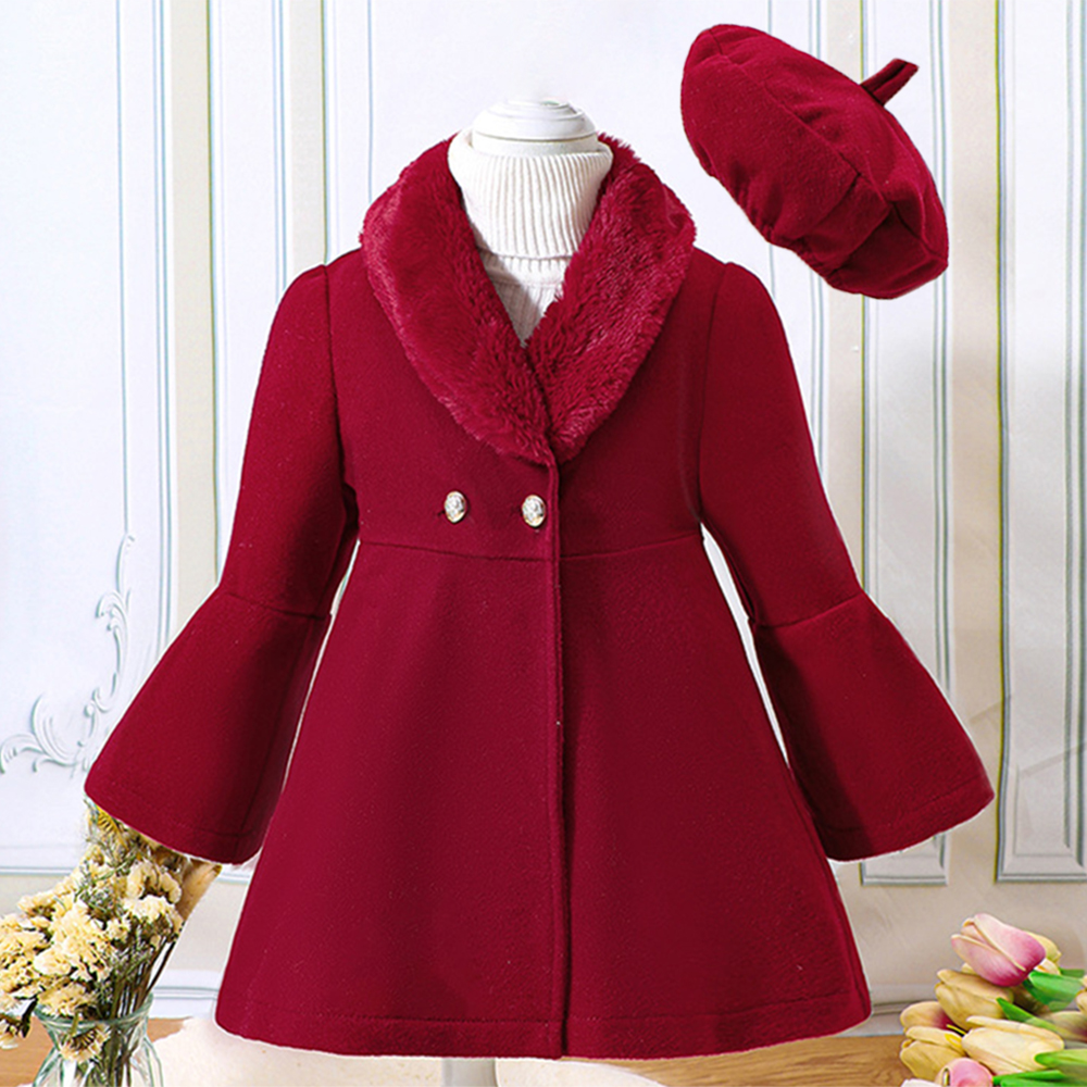 【18M-6Y】2-piece Girl Elegant Christmas And New Year Red Tweed Keep Warm Plush Stitching Collar Bell Sleeve Coat With Hat - 31117 【18M-6Y】2-piece Girl Elegant Christmas And New Year Red Tweed Keep Warm Plush Stitching Collar Bell Sleeve Coat With Hat - 31117