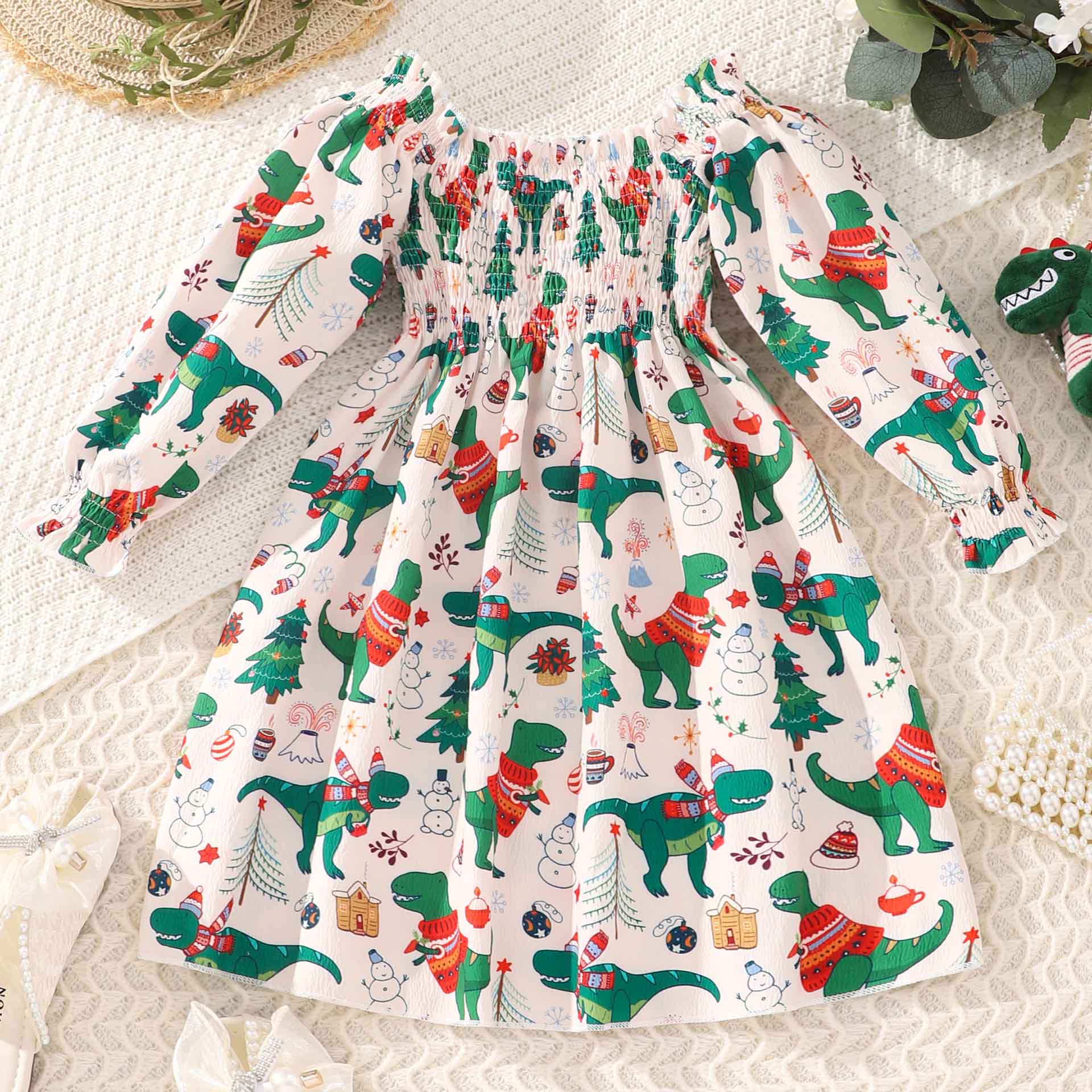 【2Y-7Y】Girl Cute Colorful Christmas Cartoon Print Long Sleeve Square Neck Dress 【2Y-7Y】Girl Cute Colorful Christmas Cartoon Print Long Sleeve Square Neck Dress