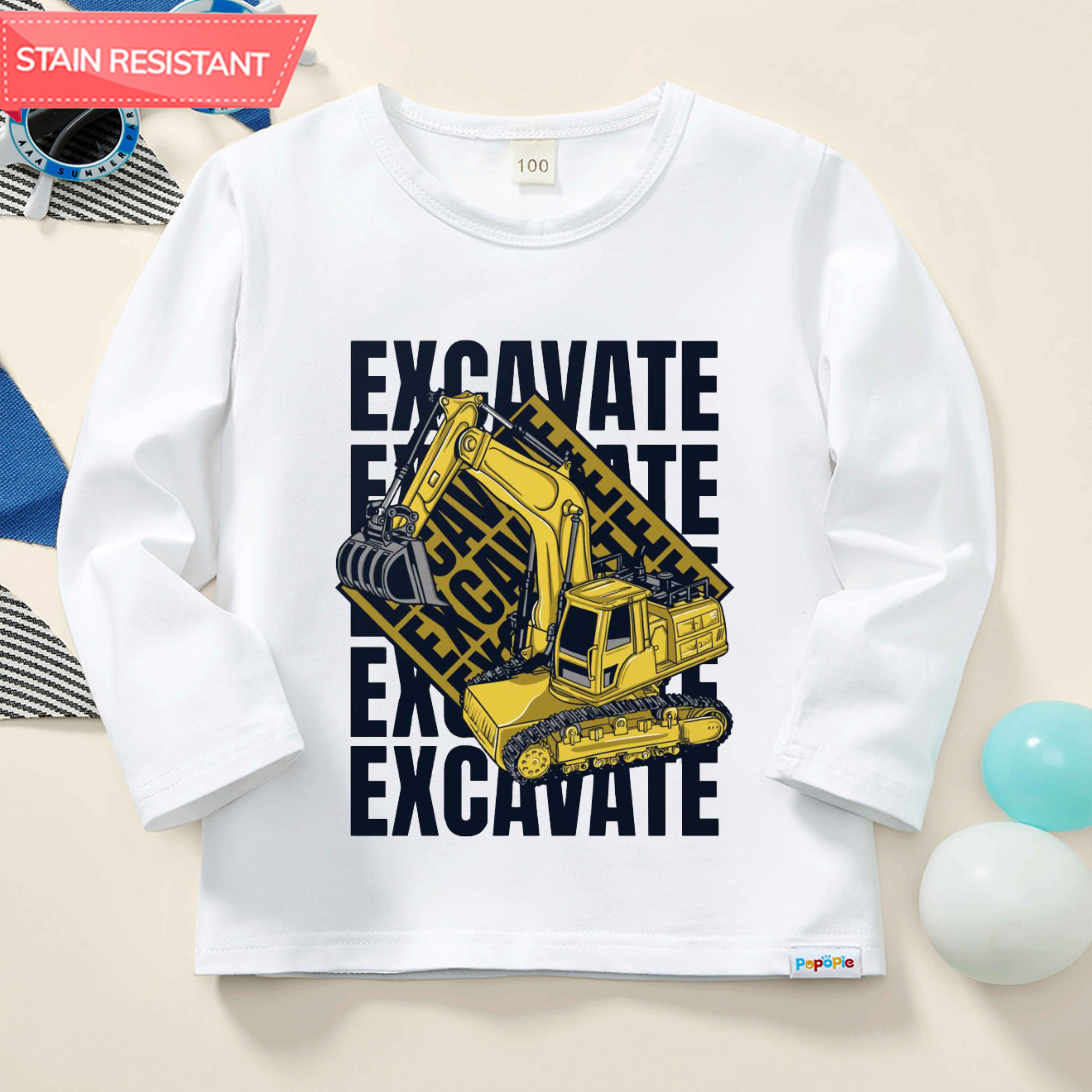 【12M-9Y】Boy Cute Excavator Print Cotton Stain Resistant Long Sleeve T-shirt 【12M-9Y】Boy Cute Excavator Print Cotton Stain Resistant Long Sleeve T-shirt