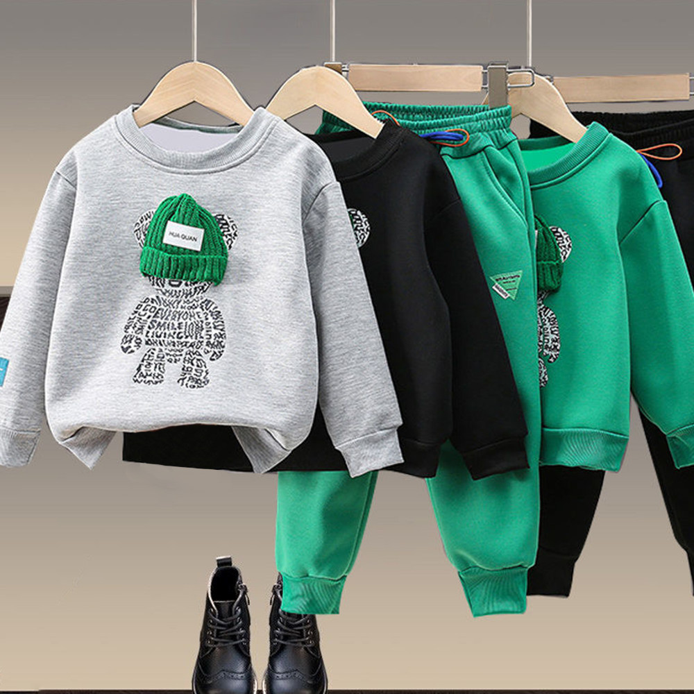 【18M-13Y】Unisex Casual Cartoon Bear Print Sweatshirt And Pants Set - 9204 【18M-13Y】Unisex Casual Cartoon Bear Print Sweatshirt And Pants Set - 9204