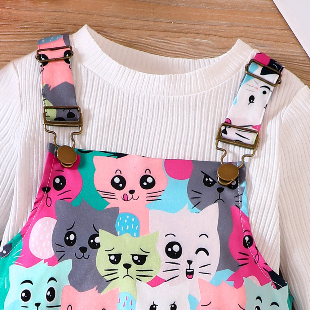 【18M-6Y】2-piece Girl Cute White Long Sleeve T-shirt And Colorful Cartoon Cat Print Suspender Dress Set - 34436 【18M-6Y】2-piece Girl Cute White Long Sleeve T-shirt And Colorful Cartoon Cat Print Suspender Dress Set - 34436