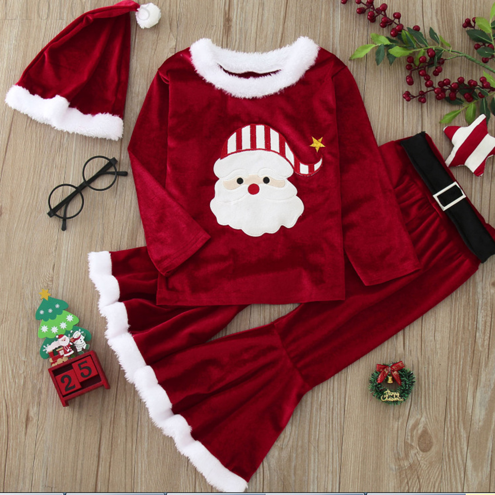 【12M-7Y】3-piece Girls Sweet Red Velvet Christmas Print Plush Top And Flare Pants Set - 34252 【12M-7Y】3-piece Girls Sweet Red Velvet Christmas Print Plush Top And Flare Pants Set - 34252