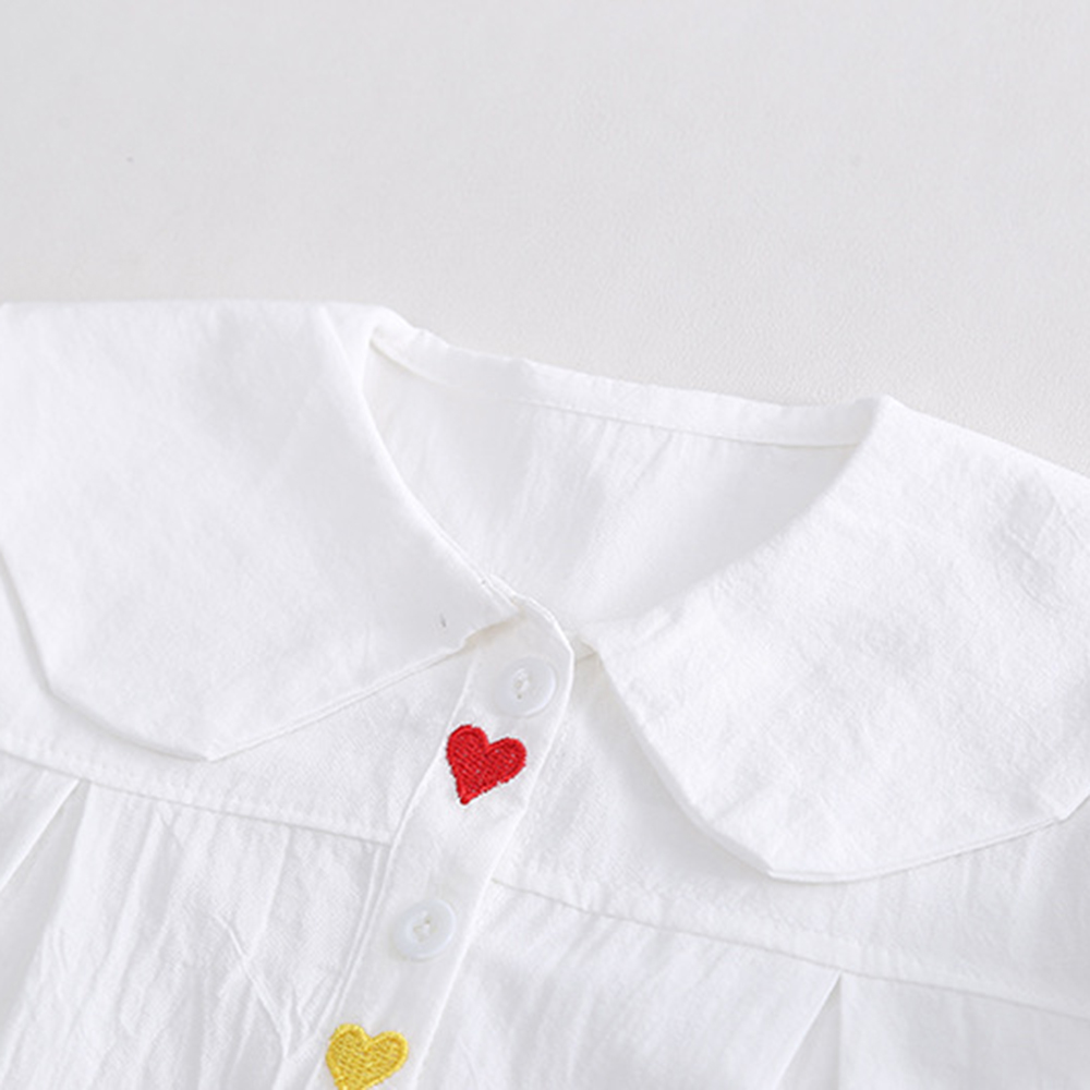 【12M-5Y】2-piece Girl White Heart-shaped Embroidered Doll Collar Long Sleeve Shirt And Colorblock Jeans Set - 34409 【12M-5Y】2-piece Girl White Heart-shaped Embroidered Doll Collar Long Sleeve Shirt And Colorblock Jeans Set - 34409