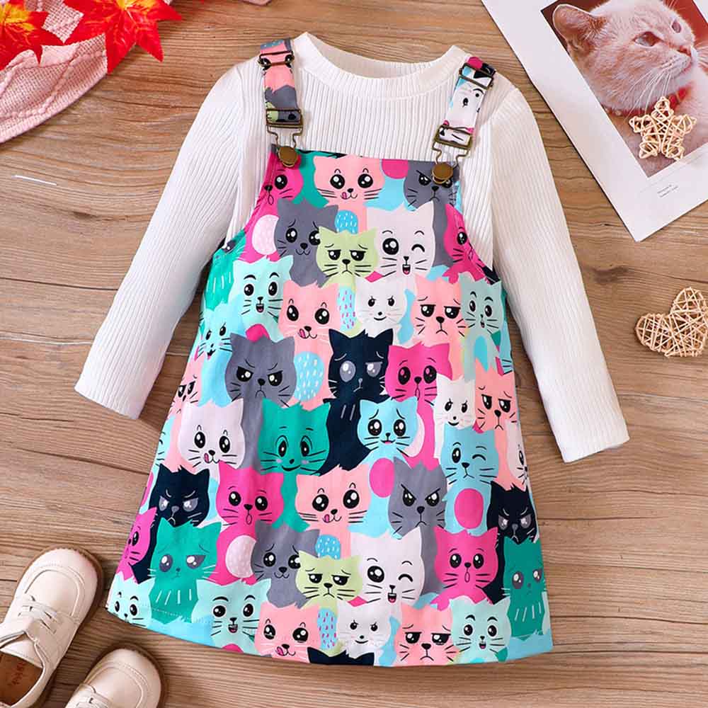 【18M-6Y】2-piece Girl Cute White Long Sleeve T-shirt And Colorful Cartoon Cat Print Suspender Dress Set - 34436 【18M-6Y】2-piece Girl Cute White Long Sleeve T-shirt And Colorful Cartoon Cat Print Suspender Dress Set - 34436