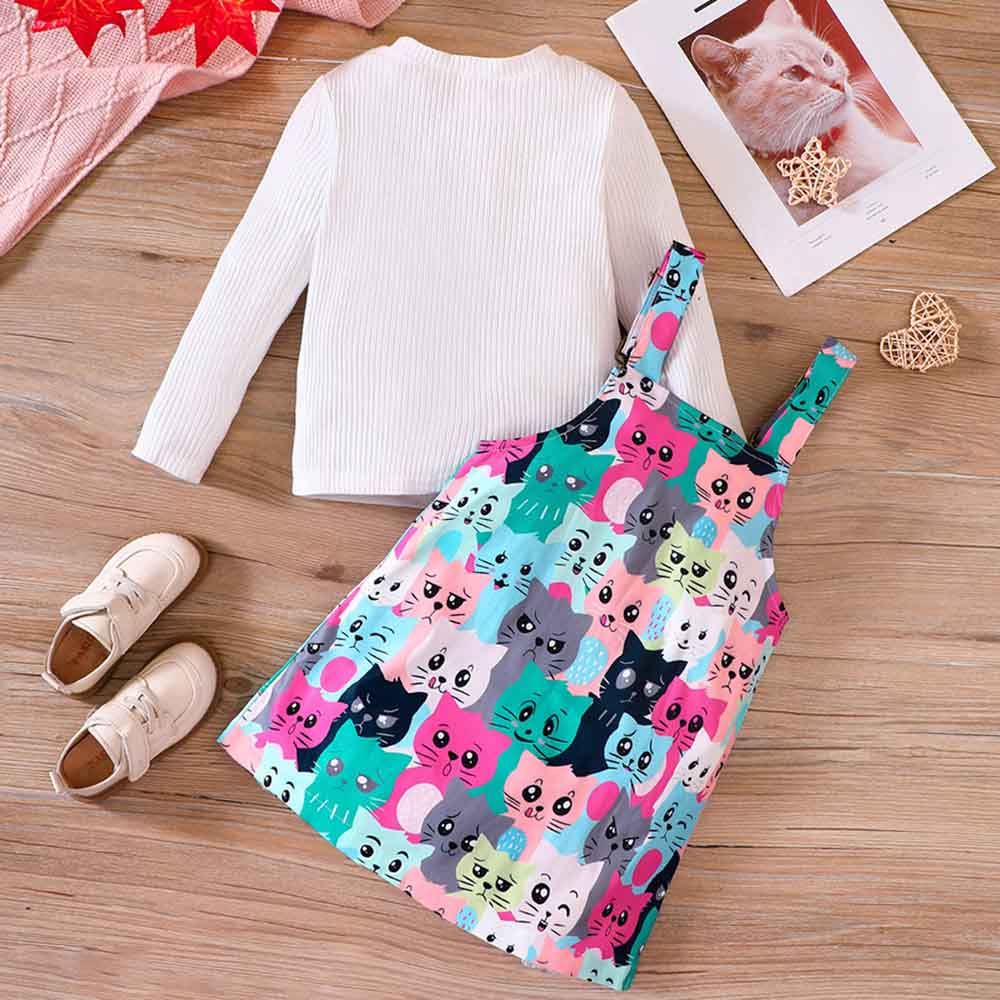 【18M-6Y】2-piece Girl Cute White Long Sleeve T-shirt And Colorful Cartoon Cat Print Suspender Dress Set - 34436 【18M-6Y】2-piece Girl Cute White Long Sleeve T-shirt And Colorful Cartoon Cat Print Suspender Dress Set - 34436