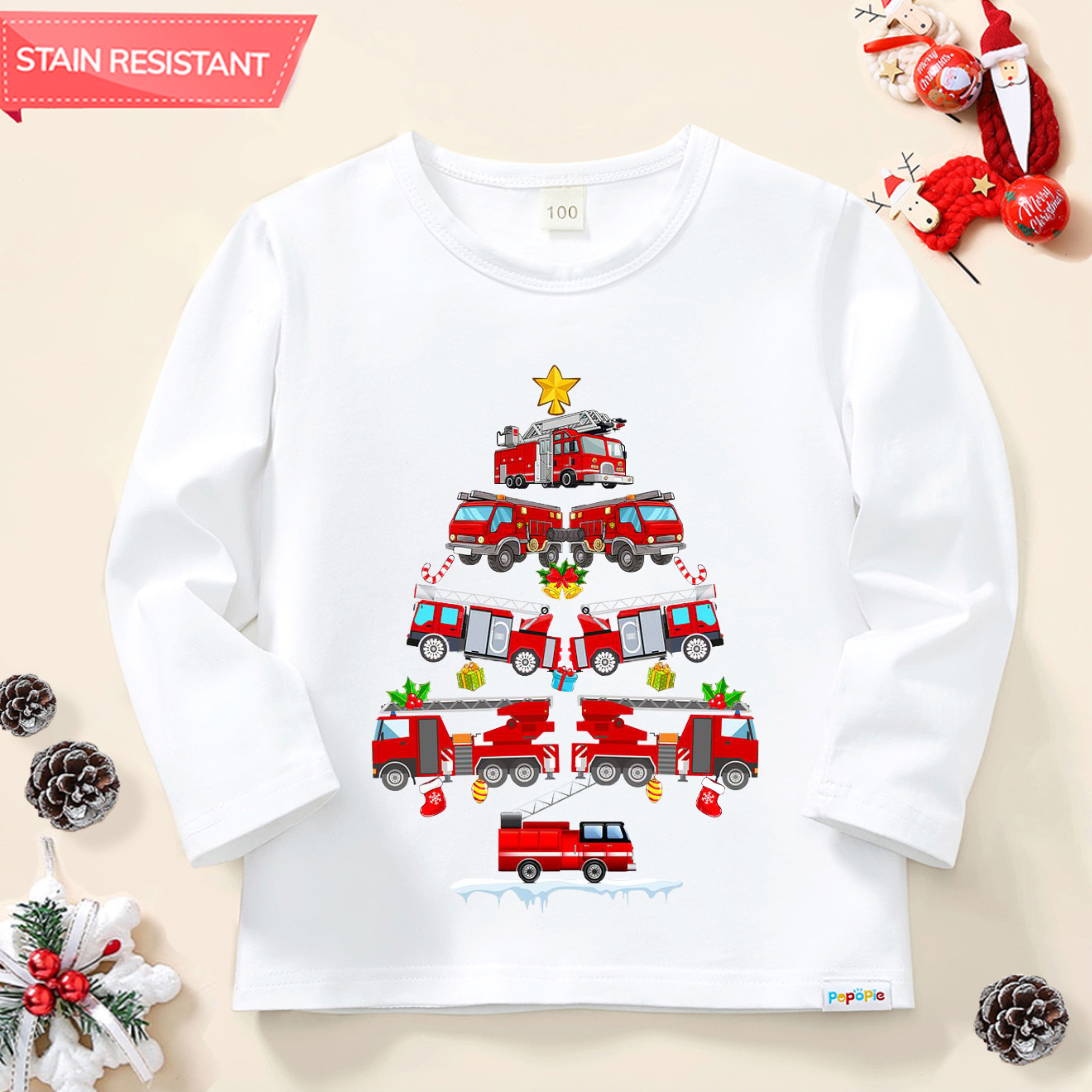 【12M-9Y】Unisex Fire Truck Christmas Tree Print Cotton Stain Resistant Long Sleeve T-shirt 【12M-9Y】Unisex Fire Truck Christmas Tree Print Cotton Stain Resistant Long Sleeve T-shirt
